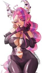 1girl 1girls ahoge artist_name bare_shoulders big_breasts bodysuit braid braided_ponytail breast_cutouts breasts breedable_hips chest_eye claws cleavage closed_mouth clothing_cutout commentary cowboy_shot curvy demon_horns earrings elbow_gloves extra_eyes female gloves hair_between_eyes heart heart-shaped_pupils highres hips horns indie_virtual_youtuber ironmouse jewelry large_breasts latex latex_bodysuit latina licking licking_finger long_hair looking_at_viewer multicolored_hair navel pink_hair pointy_ears purple_eyes purple_streaks simple_background slit_pupils solo standing stomach stomach_cutout streaked_hair symbol-shaped_pupils tits tongue tongue_out untranslatable_commentary vacantstone very_long_hair virtual_youtuber vtuber white_background white_horns wide_hips