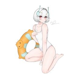 109kpm 1girl 1girls absurdres blush breasts commentary ellie_minibot feet female flat_chest hair_between_eyes hair_intakes hair_ornament hairclip heart highres indie_virtual_youtuber kneeling legs looking_at_viewer one-piece_swimsuit radio_antenna red_eyes short_hair small_breasts solo swimsuit thighs virtual_youtuber vtuber white_background white_hair white_one-piece_swimsuit