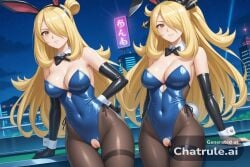 1girl ai_assisted ai_generated animal_ears armor bare_shoulders black_bodysuit black_pantyhose blonde_hair bow bowtie city cityscape cleavage clouds cowboy_shot crotchless curvy cynthia_(pokemon) dark_theme detailed_pussy dynamic_lighting elbow_gloves fishnets gloves hair_ornament hair_over_one_eye high_contrast kagami_hirotaka koukawa_oboro leotard long_hair looking_at_viewer neon_lights night night_sky outdoors pantyhose rabbit_ears soft_shading source_anime strapless taimanin_asagi_zero taimanin_suit thigh_gap translucent_bunnysuit visible_pussy yellow_eyes
