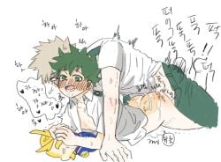 all_might anal bakugou_katsuki blonde_hair blush boku_no_hero_academia cum erection green_hair izuku_midoriya katsuki_bakugou messy_hair midoriya_izuku my_hero_academia penis saliva sex shirt spiked_hair stuffed_toy sweat sweatdrop toy untied_shirt white_background yaoi