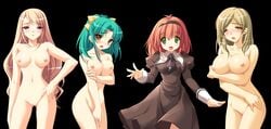 4girls breasts clothed clothed_female_nude_female embarrassed emily_(pure_dream) escalation_~kuruai_no_fugue~ female game_cg green_hair happy hayakawa_naomi_(escalation) komatsuzaki_rie large_breasts long_hair multiple_girls nude oomori_midori open_mouth orange_hair sister_(escalation) smile uncensored very_long_hair