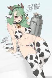 1girl 1girls animal_ears animal_print arbuz_budesh bikini black_hairband breasts choker colored_sclera commentary cow_ears cow_girl cow_horns cow_print cow_print_bikini cow_print_thighhighs cow_tail crelly english_commentary english_text fang female green_hair grey_eyes grey_sclera hairband heterochromia highres horns indie_virtual_youtuber large_breasts long_hair milk_churn mole mole_under_mouth navel open_mouth print_bikini print_thighhighs red_eyes side_ponytail simple_background sitting skin_fang slutty_female solo stomach swimsuit tail thick thick_thighs thighhighs thighs tits virtual_youtuber vtuber