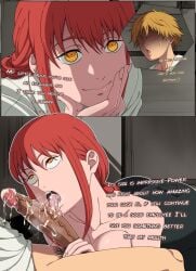 big_ass big_breasts big_penis chainsaw_man cum denji_(chainsaw_man) licking_penis makima_(chainsaw_man) precum smaller_male smegma text tongue_out
