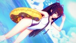 1girl 3d black_hair blush clouds date_a_live donut dr.xidan17 floating hair_ribbon inflatable_tube koikatsu long_hair looking_at_viewer ocean one-piece_swimsuit outdoors ponytail purple_eyes school_swimsuit sky smile solo summer sunglasses sunglasses_on_head swim_ring swimsuit water white_swimsuit yatogami_tohka