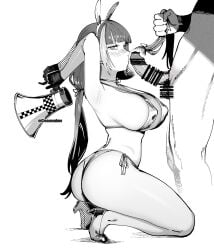 1boy 1girl animal_ear_hairband animal_ears armpits arms_behind_head bar_censor bikini black_gloves blunt_bangs blush breasts censored clothed_female_nude_male commentary dated_commentary erection fake_animal_ears from_side girls'_frontline girls'_frontline_2:_exilium gloves grabbing_another's_hair grabbing_another's_twintail greyscale hairband hetero high_heels highres holding holding_another's_hair holding_behind_back holding_megaphone imminent_fellatio kneeling large_breasts long_hair looking_at_viewer looking_to_the_side megaphone monochrome multicolored_hair nude otimusyairoha penis rabbit_ear_hairband rabbit_ears ro635_(girls'_frontline) robella_(girls'_frontline_2) side-tie_bikini_bottom sideboob sideways_glance simple_background solo_focus streaked_hair swimsuit testicles twintails twitter_username very_long_hair white_background