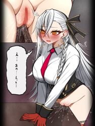 1girl @_@ black_skirt blush breasts censored collared_shirt commentary_request crotch_rub earrings fate/grand_order fate_(series) female_masturbation gloves grey_hair hair_ribbon high-waist_skirt highres hoop_earrings jewelry large_breasts long_hair long_sleeves masturbation mcpc_zamurai necktie olga_marie_animusphere olga_marie_animusphere_(unbeast) open_mouth orange_eyes orange_gloves partial_commentary pencil_skirt pussy pussy_juice ribbon shirt skirt speech_bubble table table_humping thighs translation_request white_shirt