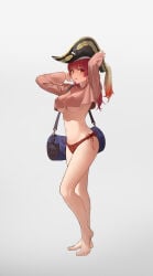 1girls bare_legs bare_midriff barefoot breasts duffel_bag female hololive hololive_japan houshou_marine large_breasts pirate_hat red_bikini_bottom red_hair solo underboob virtual_youtuber vtuber
