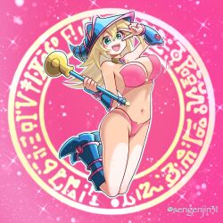 bra choker dark_magician_girl jiggling_breasts jumping large_breasts looking_at_viewer midriff panties peace_sign sengenjin31 smiling yu-gi-oh!