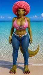 afro ai ai_generated beach beach_background big_breasts breasts cleavage crocodile crocodilian donkey_kong_(series) female front_view furry gold gold_jewelry high_quality hot_body jeans jewelry kalypso kremling looking_at_viewer nintendo nipples pink_hair realistic reptile sexy_body smile standing tank_top thick_thighs wide_hips