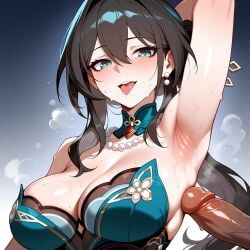 1boy 1girl ai_generated aqua_dress aqua_eyes arm_behind_head arm_up armpit_sex armpits arms_up bangs bare_shoulders bead_necklace beads black_hair blush breasts brown_hair cleavage clothing detached_collar dress earrings erection female green_eyes hair_between_eyes hetero honkai:_star_rail jewelry large_breasts long_hair looking_at_viewer lunaart male necklace open_mouth pearl_necklace penis ponytail ruan_mei_(honkai:_star_rail) solo_focus strapless strapless_dress sweat tongue tongue_out upper_body