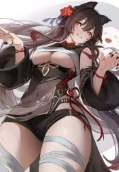1girls animal_ears below_view brown_hair female flower_in_hair genshin_impact highres hu_tao_(genshin_impact) medium_breasts re0n red_eyes solo symbol-shaped_pupils underboob wrappings