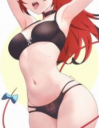 1girls armpits bare_midriff black_bra black_panties bra female hakos_baelz hololive hololive_english hololive_english_-council- medium_breasts navel panties rat_girl rat_tail red_hair sk_jynx skinny_waist solo tongue_out tummy virtual_youtuber vtuber