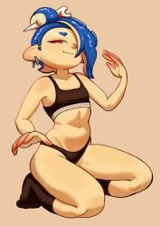 bikini blue_hair flat_chest hair_over_one_eye kitapult midriff panties red_eyes shiver_(splatoon) shiver_(splatoon_raiders) shiver_hohojiro small_breasts socks splatoon splatoon_raiders tentacle_hair thick_thighs