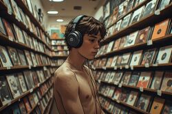 1boy ai ai_generated brown_hair headphones public shirtless vinyl_record