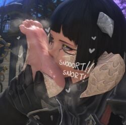 armor au_ra dragon_horns eye_tattoo eyes_rolling_back female female_only final_fantasy_xiv gpose(ffxiv) gpose_(ffxiv) holding_feet horns mistpirit onomatopoeia scales sniffing sniffing_feet white_scales white_skin yellow_eyes