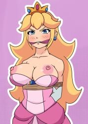 1girls angry arms_behind_back bdsm big_breasts blonde_hair blue_eyes blush bondage bound breasts breasts_out busty clenched_teeth clothes_pull crown dress dress_pull female female_only gloves highres large_breasts long_hair looking_at_viewer mario_(series) nintendo nipples princess princess_peach teeth tied_up voluptuous