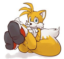 ass balls blue_eyes canine emerald-physics fox fur furry_tail gloves looking_at_viewer male male_only mammal multiple_tails presenting sega shoes shy smile solo sonic_(series) sonic_team sonic_the_hedgehog_(series) sonic_the_hedgehog_2 tail tails young