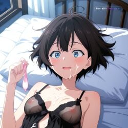 1girl after_sex ai_assisted ai_generated anime_screencap bare_shoulders bedroom black_hair black_lingerie black_stockings blue_eyes condom cum_covered cum_on_body cum_on_clothes cum_on_face filled_condom floating_hair highres holding_used_condom laying_on_back laying_on_bed messy_hair night nipples on_back panties_aside pleasure shocked_eyes short_hair small_breasts thick_cum tiny_tits white_curtains