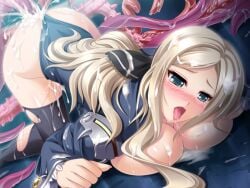 1girl ahegao ass black_thighhighs blonde_hair blush breast_press breasts clothing_aside cum cum_in_pussy cum_on_ass cum_on_body cum_on_breasts cum_on_hair cum_pool cumdrip divine_heart_makina fucked_silly game_asset green_eyes kagemusya lady_astrea large_breasts leotard long_hair non-web_source official_art open_mouth rape saliva self-datamine solo tears tentacle_sex tentacles thighhighs tongue tongue_out top-down_bottom-up torn_clothes torn_thighhighs variant_set visual_novel_cg