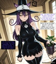 1boy 1girl ai_generated animal_ears bare_shoulders big_ass black_dress black_headwear blair_(soul_eater) blush breasts bubble_butt cat_ears cat_girl catnip comic comic_page curly_hair curvy detached_sleeves dress ears_through_headwear english_text flower_pot hair_between_eyes hat highres holding huge_breasts indoors large_breasts long_hair long_sleeves looking_to_the_side multiple_panels parted_lips patreon phanary plant potted_plant pov pov_hands purple_hair short_dress slit_pupils solo_focus soul_eater speech_bubble taut_dress thick thighhighs tight_clothes turtleneck_dress witch witch_hat yellow_eyes zettai_ryouiki
