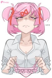 1girl absurdres annoyed artist_name bikini blush bob_cut breasts cleavage closed_mouth collarbone collared_shirt commentary cropped_torso doki_doki_literature_club dress_shirt embarrassed emiillb english_commentary eyelashes fang frilled_bikini frills from_below frown hair_intakes hair_ornament hair_ribbon highres holding holding_unworn_clothes looking_at_viewer looking_down mink_(dragon_half) narrowed_eyes natsuki_(doki_doki_literature_club) no_pupils nose_blush patreon_logo patreon_username pink_bikini pink_eyes pink_hair questionable red_ribbon ribbon shaded_face shirt short_eyebrows short_hair signature simple_background skin_fang small_breasts solo straight-on string_bikini striped_bikini striped_clothes swept_bangs swimsuit thick_eyebrows two_side_up unworn_bikini_bottom v-shaped_eyebrows w_arms white_background white_shirt x_hair_ornament