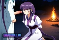 1girl absurdly_long_hair ai_assisted ai_generated anime_screencap blood_splatter campsite close_up firelight flaccid_penis frowning high_quality juliet_sleeves kneeling long_sidelocks long_sleeves looking_at_penis night outside upper_body white_dress white_robe