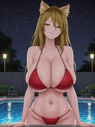 1girl ai_generated animal_ear_fluff animal_ears areola_slip bare_shoulders bikini blonde_hair breasts brown_eyes brown_hair cleavage closed_mouth collarbone fence fox_ears fox_girl hair_between_eyes huge_breasts kansai_neko_(yani_neko) long_hair looking_at_viewer navel night night_sky o-ring o-ring_bikini outdoors pool poolside red_bikini skindentation sky smile solo star_(sky) starry_sky stomach swimsuit twitter_username water wet yani_neko