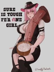 balls bedrockscruffy big_breasts breasts bucket bucket_of_cum clothing cock cow_girl cowgirl cum cum_bucket female female_human feral feral_on_female hololive horse horsecock huge_cock human human_on_feral kiss_mark looking_at_penis milking_cum mori_calliope penis pink_eyes pink_hair text uncensored veiny_penis zoophilia