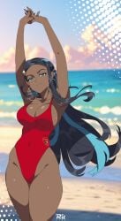 1girl baywatch_(cosplay) beach big_breasts black_hair blue_streak blue_streaks breasts cleavage dark-skinned_female dark_skin female large_breasts long_hair looking_at_viewer nessa_(pokemon) ocean pokemon pokemon_ss r3dfive red_swimsuit solo stretching swimsuit thighs water