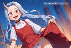 1girl ai_assisted ai_generated aroused black_choker black_lipstick butt_crack cameltoe choker collared_shirt cowboy_shot crazy_smile drooling exhausted from_behind gluteal_fold grey_hair heavy_breathing horns horny legs_together lewd long_hair looking_at_viewer micro_bikini my_hero_academia oiled_body open_mouth petite pleated_dress purple_eyes pussy_juice_leaking red_cheeks red_dress red_eyes seductive_expression single_horn smile source_anime sweaty tight_clothing tongue_out white_shirt