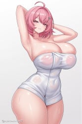 1girl :3 ahoge ai_generated areola_slip armpits arms_behind_head arms_up bare_shoulders blush breasts cleavage closed_mouth collarbone covered_navel covered_nipples curvy hair_intakes hair_ornament huge_breasts looking_at_viewer medium_hair naked_towel pink_eyes pink_hair remielle_dan short_hair simple_background smile solo standing star_(symbol) star_hair_ornament thick_thighs thighs towel twitter_username wet white_background zenless_zone_zero