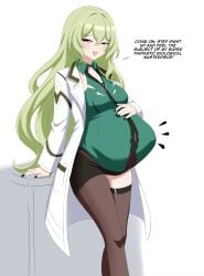 1girls big_belly bloated_belly blush clothed clothing female female_only fetal_movement green_hair grey_eyes hand_on_belly honkai_(series) honkai_impact_3rd labcoat long_hair mobius_(honkai_impact) pregnant sarawa_kotoku science scientific_experiment scientist slit_pupils smug snake_eyes snake_girl