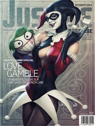 1girls 2013 batman_(series) beige_skin breasts cleavage cleavage_cutout clothed clothed_female clothes clothing dc dc_comics doll english_text facepaint female female_only firearm flag fully_clothed gloves green_hair gun hair handgun handwear harley_quinn holding holding_gun hood human human_only kiss_mark large_breasts lipstick magazine_cover mask pistol revolver short_hair smile solo standing stanley_lau text weapon