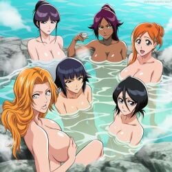 6girls ai_generated big_breasts black_hair bleach bleach:_the_thousand-year_blood_war breasts dark-skinned_female dark_skin female female_only hair light-skinned_female light_skin long_hair multiple_females multiple_girls orange_hair purple_hair short_hair small_breasts tied_hair zzz7