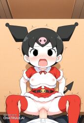 1girl ai_assisted ai_generated black_eyes chibi christmas_outfit cock_in_pussy collarbone dot_eyes embarrassed feral front_view jester_cap kuromi missionary office one_nipple_out parted_bangs pov pussy_sex saliva screaming shaking skull_print spread_legs stockings tail white_shirt