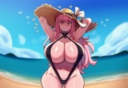 ai_generated beach bikini black_clothing black_swimwear breasts clothed clothing female genital_outline hair hat headgear headwear hellsonger hololive huge_breasts human humanoid mammal mori_calliope one-piece_swimsuit pink_hair questionable red_eyes seaside sling_bikini solo swimwear thick_thighs two-piece_swimsuit vtuber water