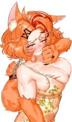 1girl 1girls animal_ear_fluff animal_ears animal_hands arm_hair artist_name big_breasts blush bone breasts buffpup_(vtuber) claws cleavage closed_mouth commentary curly_hair dot_nose dress english_commentary female floral_print from_side furry furry_female hair_ornament hairclip heart heart-shaped_pupils highres large_breasts looking_to_the_side medium_hair muscular muscular_female orange_hair parted_bangs raised_inner_eyebrows scar scar_on_chest simple_background solo standing sundress symbol-shaped_pupils tail tits upper_body vacantstone vchiban virtual_youtuber vtuber white_background wolf_ears wolf_girl wolf_tail