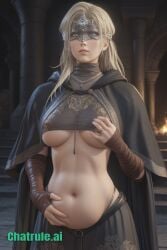 1girl ai_assisted ai_generated bandaged_arms bikini black_dress blonde_hair cloak crown dark_souls dark_souls_3 fire_keeper giant_breasts height_difference huge_boobs huge_size_difference inflation little_girl long_hair medium_breast necklace orgasm petite sex size_difference small stomach_bulge underboob