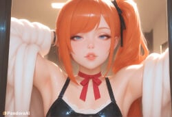 1boy 1femboy absurd_res ai_generated arm_behind_head armpits arms_up artist_name artist_upload bare_shoulders black_bra black_ribbon blue_eyes bra bracelet choker crossdressing femboy femboy_focus feminine_male gay hair_ribbon hi_res indoors jewelry lips long_hair long_sleeves looking_at_viewer more_at_source neck_ribbon open_clothes orange_hair pandora parted_lips patreon patreon_username red_ribbon ribbon ribbon_choker self_upload side_ponytail solo sweat sweater swept_bangs transgender uncensored underwear upper_body watermark white_cardigan white_sweater
