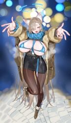 1girls absurdly_long_hair animal_ears asuna_(blue_archive) black_pantyhose black_skirt blue_archive blue_eyes blue_scarf breasts cat_ears female hair_over_one_eye highres kare_huang large_breasts long_hair open_mouth pantyhose pencil_skirt scarf skirt solo very_long_hair