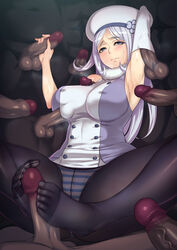 aila_jyrkiainen arm_up armpits black_legwear blush breasts censored clothes_penetration clothesjob covered_nipples dark-skinned_male dress elbow_gloves female footjob fur_trim gangbang gloves group_sex gundam gundam_build_fighters hairjob handjob hat highres large_breasts long_hair mosaic_censoring multiple_boys outercourse panties panties_under_pantyhose pantyhose penis penis_under_clothes purple_eyes sethxzoe shimapan silver_hair single_glove solo_focus striped striped_panties sweat testicles underwear veins veiny_penis