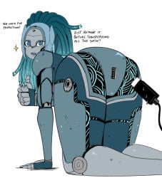 1girls 2d 2d_(artwork) all_fours ass ass_focus big_ass blue_eyes comic_character danger_(marvel) danger_(marvel_tokon) joints looking_at_viewer looking_back marvel marvel_comics marvel_tokon:_fighting_souls metal_ass metallic_body metallic_hair metallic_skin one_finger_up open_mouth presenting_own_ass presenting_own_body robot robot_girl robot_joints sexually_suggestive simple_background solo speech thick_thighs thighs thumbs_up usb usb_cable video_games wanderjegson white_background