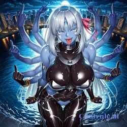 1girl ai_assisted ai_generated armor bare_shoulders big_breasts black_bodysuit blue_eyes blue_skin city cityscape clouds colored_eyelashes colored_skin cowboy_shot crotchless curvy dark_theme detailed_pussy dynamic_lighting elbow_gloves extra_arms facial_mark fate_grand_order fishnets forest gloves grey_hair high_contrast kagami_hirotaka kneeling koukawa_oboro lake long_hair looking_at_viewer neon_lights night night_sky outdoors smile soft_shading sweat taimanin_asagi_zero taimanin_suit thigh_gap third_eye tongue visible_pussy wet
