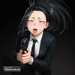 1girl ahegao_face ai_assisted ai_generated aiming aiming_at_viewer black_jacket black_necktie black_pants closed_mouth collared_shirt detailed_face fighting_stance finger_on_trigger floating_hair formal gun handgun high_angle holding holding_gun holding_weapon huge_eyes jacket long_hair long_sleeves looking_at_viewer m1911 momo momo_yaoyorozu my_hero_academia naked necktie pants petite_breasts sheathed shirt small_breasts suit visible_breasts visible_nipples weapon white_shirt yaoyorozu_momo