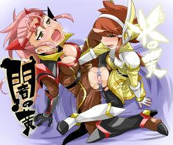 2girls amarello_berge arm_support armor battle_spirits battle_spirits:_sword_eyes belt black_gloves blush boots brown_eyes brown_hair chicago-x clothing dildo double_dildo dress female fingerless_gloves gloves jacket knee_boots kukuri_kizakura long_hair motion_lines mound_of_venus multiple_girls open_mouth payot pink_hair pussy pussy_juice saliva sweat torn_clothes uncensored vambraces very_long_hair white_gloves yuri