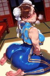 1girl ai_generated arzagod ass_focus big_breasts blush brown_eyes brown_hair capcom chun-li fit_female hair_bun hair_ribbon large_breasts muscular_female perfect_legs street_fighter tagme thick_thighs