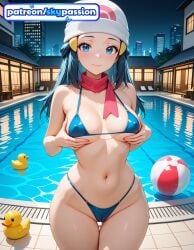 1girls 2026 ai_assisted ai_generated anime ball beachball beanie bikini blue_bikini blue_hair boobs bookshelf breasts building bust city cityscape dawn_(pokemon) grabbing_own_breast hat hi_res high_quality high_resolution highres holding_ball long_hair navel night nintendo patreon patreon_username pink_scarf poke_ball pokemon pokemon_(creature) pool red_scarf rubber_duck scarf self_fondle skypassion smile stable_diffusion swimsuit tits water watermark