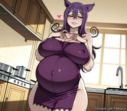 1girl ai_generated animal_ears apron big_ass blair_(soul_eater) blush breasts bubble_butt cat_ears catnip comic comic_page corrupted corruption covered_navel covered_nipples cowboy_shot curvy english_text hair_between_eyes heart heart_hands highres huge_breasts indoors kitchen large_breasts lips long_hair looking_at_viewer mature_female mind_break mindbreak multiple_panels naked_apron parted_lips patreon phanary pregnant purple_hair smile solo soul_eater speech_bubble standing stove thick thighs yellow_eyes