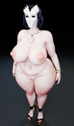 3d 3d_(artwork) big_breasts big_hips big_nipples breasts censor_bar censored elevenendless endlessillusion female flat_belly flying hairy hairy_pussy hips huge_breasts jewelry lucretia_sinn mask masked_female original_character pubes pussy thick_hips thick_thighs thin_waist