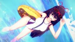 1girl 3d black_hair blush clouds date_a_live donut dr.xidan17 floating hair_ribbon inflatable_tube koikatsu long_hair looking_at_viewer ocean one-piece_swimsuit outdoors ponytail purple_eyes school_swimsuit sky smile solo summer sunglasses sunglasses_on_head swim_ring swimsuit water white_swimsuit yatogami_tohka